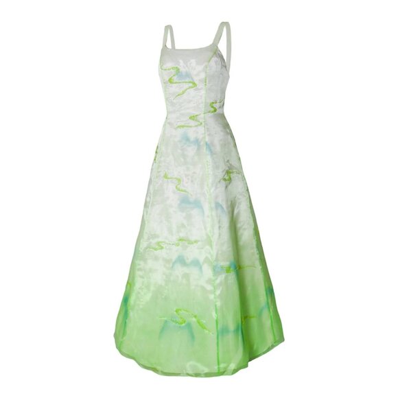Vtg Dreamy Airbrush Landscape Print Gradient Mesh Overlay Ball Gown Prom Dress - Picture 1 of 9